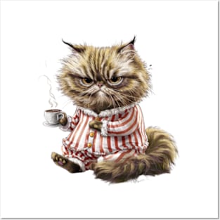 Print design of a cute Persian cat, wearing cozy pajamas and holding a steaming cup of coffee.1 Posters and Art